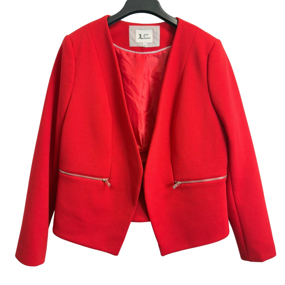 Jules & Leopold Red Textured Open Front Blazer Jacket Zipper Detail Size L